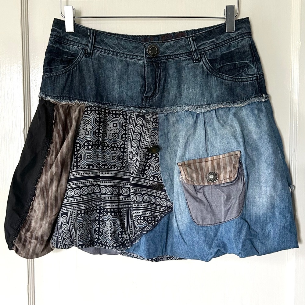 Y2K Desigual Vintage Patchwork Button Denim Mini Skirt 36 S Low Rise Bubble Hem